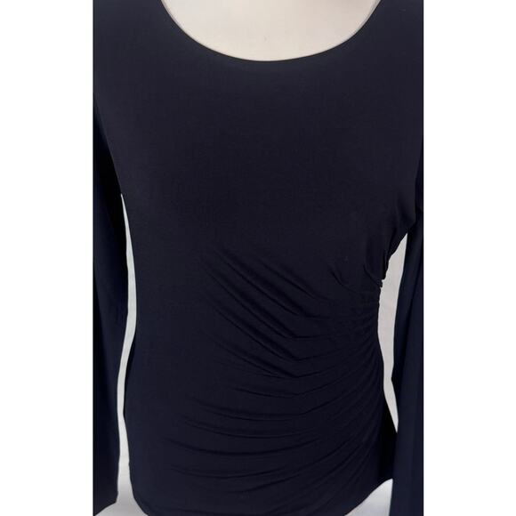 Carmen Marc Valvo Small Black Long Sleeve Round Neck Ruched Top Poly Spandex - Picture 4 of 8